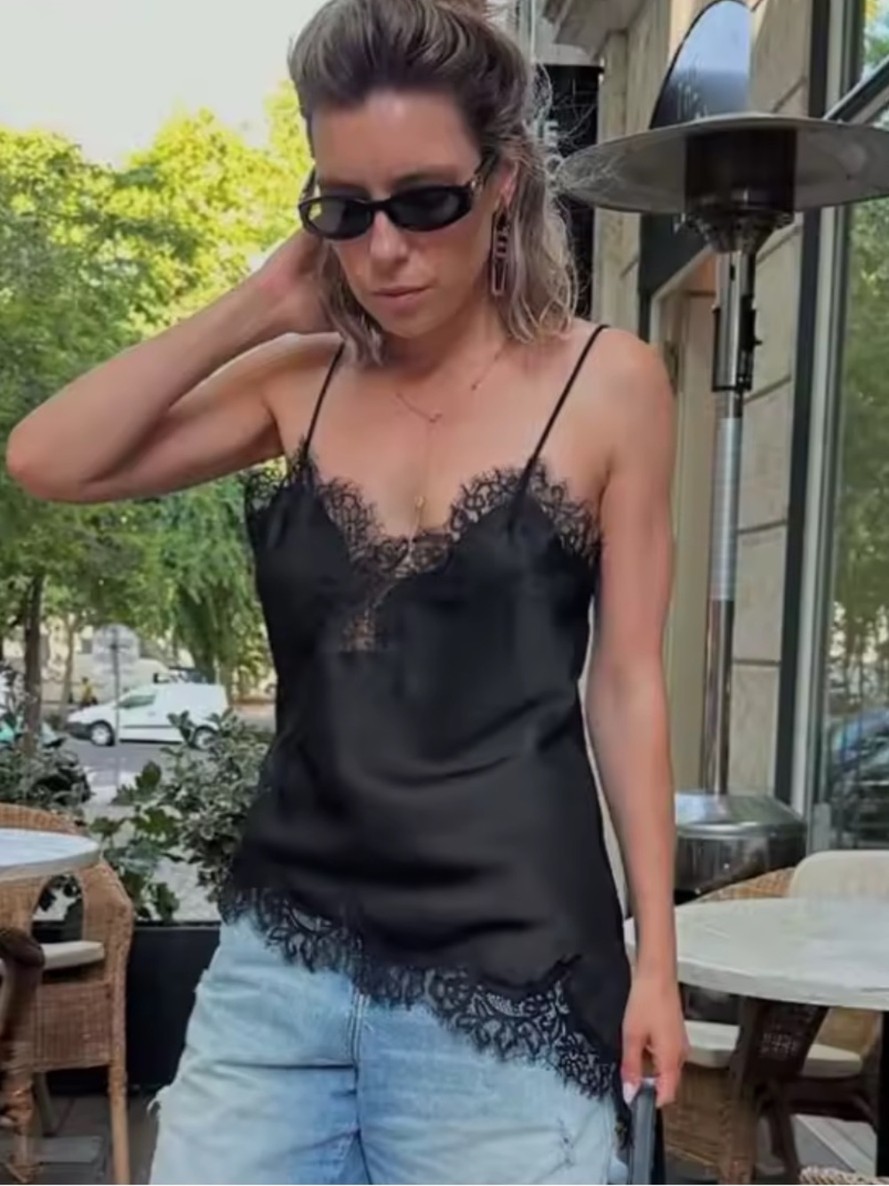 New Black Lace Trim Satin Cami Top